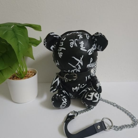 Letter Print Bear Doll Shape Shoulder Bag, Zipper FauxLeather Buckled Chain Cr - Picture 3 of 13